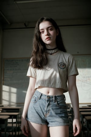 analog photo, a cute girl, 22 years old, black hair, pale skin, short shirt, hot pants, choker, vintage, faded film, (film grain),  school, classroom, beautiful deatailed shadow,dust,tyndall effect,hyperdetalization,