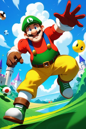 ((Cartoon-style image combined with Unreal Engine 5, rendered in ultra-high resolution with realistic details and textures.):1.3). | Cover of the game Super Mario World. | The cover shows (((Mario and Luigi))) in a dynamic pose, running and jumping in a colorful and vibrant setting. In the background, there is a medieval-style castle, with red and yellow flags flying high. The sky is clear blue, with round white clouds scattered across it. Surrounding Mario and Luigi are several of the game's enemies, such as Goombas, Koopas, and Piranha Plants, adding an element of danger and adventure to the scene. | The lighting is bright and colorful, highlighting the details of the characters and the setting. The composition is balanced and dynamic, with Mario and Luigi at the center of the scene, while enemies and the castle extend to the sides. | An exciting and fun scene, capturing the essence of the Super Mario World game. | ((perfect anatomy, perfect body)), ((more_than_one_pose, perfect_pose)), ((perfect fingers, better hands, perfect hands, perfect legs, perfect feet)), ((perfect design)), ((correct errors): 1.2), ((perfect composition)), ((very detailed scene, very detailed background, correct imperfections, perfect layout):1.2), ((More Detail, Enhance)), Perfect Hands