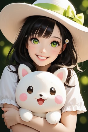 A cute little girl with big green eyes, florish large hat, smiling to camera, hugging a cute puppy. Ultra realistic photo.