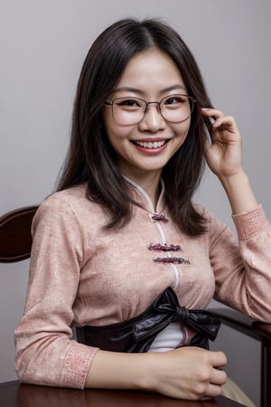 chinese woman, (glasses, laughy smiling:1.2), fully clothed, fully dressed, curve, photo realistic, expressive, everything is in ultra high-definition, ultra HD, ultra high resolution, everything detailed, rare, flexible, complex, unique, ultra realism