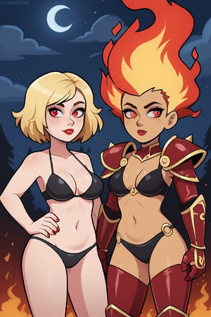 A women in a black bikini armor with a gold skin in a burning sky, night, blond hair, a lot of freckles, scarlet red eyes glowing, red lips, combinaison latex