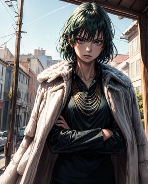 (masterpiece, best quality:1.2), cowboy shot, solo, 1girl, fubuki, expressionless, crossed arms, green hair, taut clothes, fur coat, jewelry, necklace