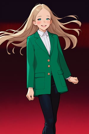 girl with long platinum blond hair in green blazer and white blouse, azure eyes, shy smile, in the style of hyper-realistic atmospheres, anime aesthetic, dotted, fenghua zhong, close up, light gold and dark emerald, 32k uhd 