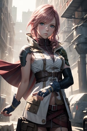 (masterpiece, best quality:1.2), cowboy shot, solo, 1girl, lightning farron, expressionless, closed mouth, sleeveless, shoulder armor, cape, skirt, fingerless gloves