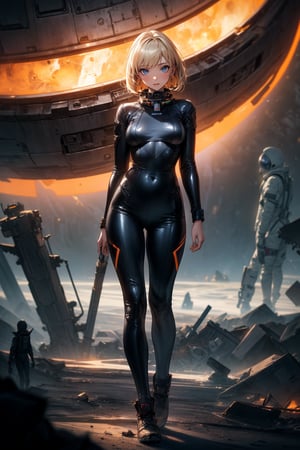 Prompt: astronaut girl lost in dark side of the moon, at distance there is a wrecked space station, orange astronaut suits, futuristic space ship is demolished around her,dead bodies,(highres:1.2), (fantasy theme:1.2), (bokeh:1.2), (best quality:1.2), (soothing tones:1.3), (masterpiece:1.2), (realistic:1.2), (ultradetailed:1.2), ((shiny skin:1.2)), ((realistic skin:1.2)), (perfect body:1.2), (elegant:1.2), (breathtaking:1.2), optional, high quality, (HDR:1.3), RAW photo, 16K, ((perfect hand:1.2)), ((perfect finger:1.2)), finger detailed, background detailed, (cinematic lighting), high contrast, long legs,full body, long shot,bob hairstyle,light blonde hair,outer space,outdoor,night