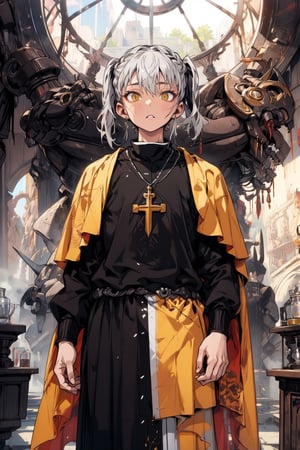 old_man, old_male, masculine, muscular, short_hair, white_hair, yellow_eyes, fantasy_clothes, polish_clothes, noble_clothes, close_up, priest, warrior, slim, thin, praying, plain_clothes, loose_clothes, black_and_white_clothes, poland, upper_half, pucci, priest_clothes,, beautifull, ponytails
