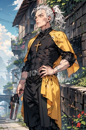 old_man, old_male, masculine, muscular, short_hair, white_hair, yellow_eyes, fantasy_clothes, polish_clothes, noble_clothes, close_up, priest, warrior, slim, thin, praying, plain_clothes, loose_clothes, black_and_white_clothes, poland, upper_half, pucci, priest_clothes,, goodlooking, ponytails