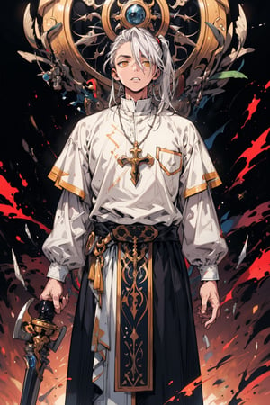 old_man, old_male, masculine, muscular, short_hair, white_hair, yellow_eyes, fantasy_clothes, polish_clothes, noble_clothes, close_up, priest, warrior, slim, thin, praying, plain_clothes, loose_clothes, black_and_white_clothes, poland, upper_half, pucci, priest_clothes,, beautifull, ponytails
