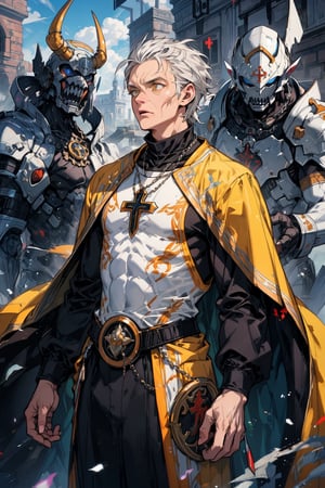 old_man, old_male, masculine, muscular, short_hair, white_hair, yellow_eyes, fantasy_clothes, polish_clothes, noble_clothes, close_up, priest, warrior, slim, thin, praying, plain_clothes, loose_clothes, black_and_white_clothes, poland, upper_half, pucci, priest_clothes,, beutiful