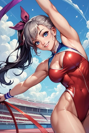 (score_9, score_8_up, score_8, score_7_up, score_7), masterprice, (rating_safe), (source_anime), intricate_details_xl, 1girl, solo, large breast, cleavage, open eyes, athletic leotard, black hair, breasts, grey hair, gymnastics, gymnastics ribbon, hair ribbon, half-soles, high side ponytail, holding, holding ribbon, leotard, long hair, looking at viewer, medium breasts, narrow waist, purple ribbon, red leotard, red ribbon, rhythmic gymnastics, ribbon, smile, coliseum