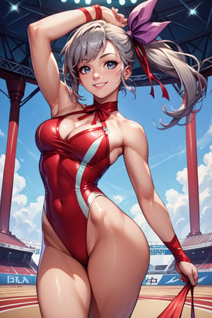 (score_9, score_8_up, score_8, score_7_up, score_7), masterprice, (rating_safe), (source_anime), intricate_details_xl, 1girl, solo, large breast, cleavage, open eyes, athletic leotard, black hair, breasts, grey hair, gymnastics, gymnastics ribbon, hair ribbon, half-soles, high side ponytail, holding, holding ribbon, leotard, long hair, looking at viewer, medium breasts, narrow waist, purple ribbon, red leotard, red ribbon, rhythmic gymnastics, ribbon, smile, coliseum