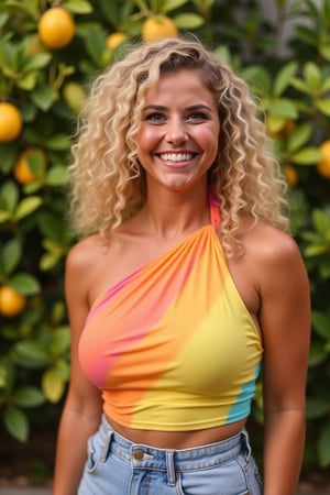 A candid photograph of Beatrice Egli, smiling radiantly with long, curly blonde hair styled in a messy, beachy look. She wears a vibrant one-shoulder halter top in shades of yellow, orange, pink, and turquoise, tied around her neck, paired with high-waisted light blue denim jeans. The background features a blurred lush green plant with yellow lemons, suggesting an outdoor garden setting. Soft, warm lighting enhances her warm complexion and joyful expression, creating a lively and cheerful atmosphere. Beatrice stands confidently, her colorful outfit and relaxed demeanor making her the central focus of the image.