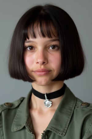 Professional portrait of Mthlda, medium shot, bob cut hairstyle, wearing a choker, soft studio lighting, centered composition, neutral expression, clean background, high contrast, sharp focus.