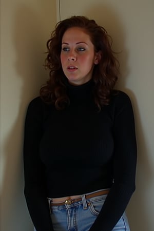 Gianna Michaels in a candid upper-body shot, captured with a 2000s digital camera, grainy and low-resolution. She leans against a wall, casual pose, wearing a black turtleneck sweater and jeans. Her hair styled with loose curls, reflecting early 2000s fashion. Mid-conversation, natural and relaxed. Uneven, slightly overexposed lighting, nostalgic snapshot feel, genuine and unpolished vibe.