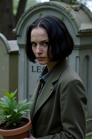 Raw photo of Natalie Portman with a black sleek bob cut, holding a potted plant, standing in a graveyard in New York, close-up shot, natural lighting, focused on her face and the plant, standing in front of a gravestone with the inscription Leon, candid pose, somber expression, detailed graveyard background, subtle shadows, monochromatic tones, minimalistic composition.