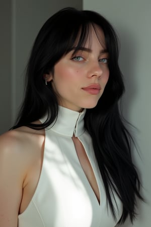 Hyperrealistic photo of Billie Eilish with long black hair, wearing a white high-neck dress, captured with a Canon EOS 90D in stunning high resolution. The image is illuminated by soft natural light, highlighting the intricate details of the dress. Greg Rutkowski's signature style is evident, with a close-up shot framing her face and upper body, capturing her expressive eyes and subtle smile. The background is a minimalist, neutral tone to keep the focus on the subject.