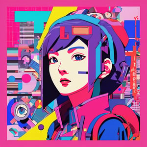 vibrant collage of anime styled androgynous characters, Japanese kanji, technology elements, risograph print on textured paper, inspired by Eduardo Paolozzi collage and Andy Warhol pop art, modern and expressionist, bold colors, heavy outlines, pink, blue, purple, bright colors and varied textures, dynamic composition, swirling geometric shapes, flat colors with minimal shading