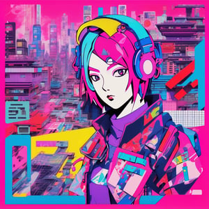 vibrant collage of anime styled androgynous characters, Japanese kanji, technology and cyberpunk elements, risograph print on textured paper, inspired by Eduardo Paolozzi collage and Andy Warhol pop art, modern and expressionist, bold colors, heavy outlines, pink, blue, purple, bright colors and varied textures, dynamic composition, swirling geometric shapes, flat colors with minimal shading