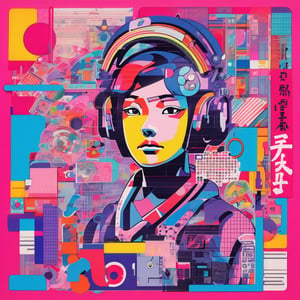 vibrant collage of anime characters, Japanese kanji, technology elements, risograph print on textured paper, inspired by Eduardo Paolozzi collage and Andy Warhol pop art, modern and expressionist, bold colors, heavy outlines, pink, blue, purple, bright colors and varied textures, dynamic composition, swirling geometric shapes, flat colors with minimal shading