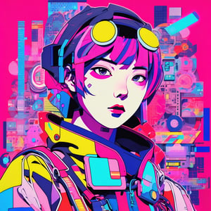 vibrant collage of anime styled androgynous characters, Japanese kanji, technology and cyberpunk elements, risograph print on textured paper, inspired by Eduardo Paolozzi collage and Andy Warhol pop art, modern and expressionist, bold colors, heavy outlines, pink, blue, purple, bright colors and varied textures, dynamic composition, swirling geometric shapes, flat colors with minimal shading