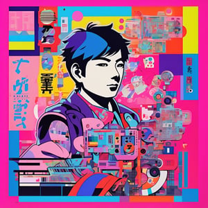 vibrant collage of anime characters, Japanese kanji, technology elements, risograph print on textured paper, inspired by Eduardo Paolozzi collage and Andy Warhol pop art, modern and expressionist, bold colors, heavy outlines, pink, blue, purple, bright colors and varied textures, dynamic composition, swirling geometric shapes, flat colors with minimal shading