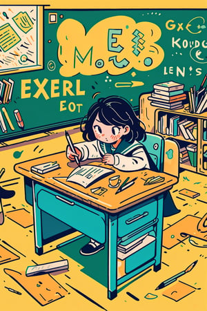 masterpiece, best quality, 1girl, studying, classroom , concentration, books, desk, learning, education, school, pencil, notebook, cartoon,graffiti,tshee00d,vector style