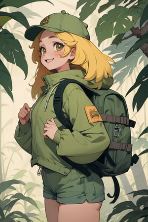 (best quality, masterpiece), 1girl, long sleeves, cap, shorts, jungle, backpack, cheerful,niji