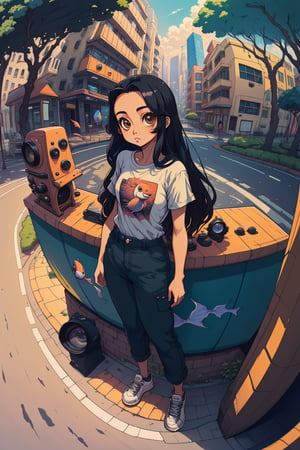 masterpiece, best quality, 1girl, solo, mature female, black hair, long hair, straight hair, forehead, brown eyes, shirt, short sleeve, pants, shoes, standing, outdoor, (fisheye lens):1.4, girl,tshee00d,vector style