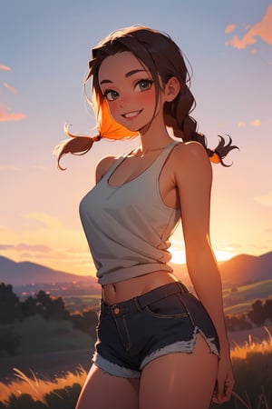 masterpiece, highquality,1girl, beautiful, smile,brunette, braided hair, long hair, 19 years old, tank top, shorts, hills, cowboy shot, sunset