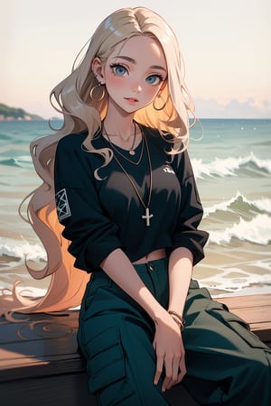 French girl,grey blonde hair(very long hair, curly_hair),hiphop dancer,wearing all black clothes (loose fit top and wide cargo pants),sneakers, sitting at sea bank,horizon,seaside,accessories(necklace,ear_rings),Best Quality, 32k, photorealistic, ultra-detailed, finely detailed, high resolution, perfect dynamic composition, beautiful detailed eyes, sharp-focus, cowboy_shot, 