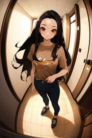 masterpiece, best quality, 1girl, solo, mature female, black hair, long hair, straight hair, forehead, brown eyes, shirt, short sleeve, pants, shoes, standing, outside, (fisheye lens):1.4, girl