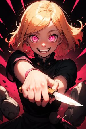 original character , 1girl, (crazy smile:1.2) ,  blonde hair , bangs , crazy eyes , holding knife in left hand, (wide-eyed:1.2), glowing eyes,  pink eyes,