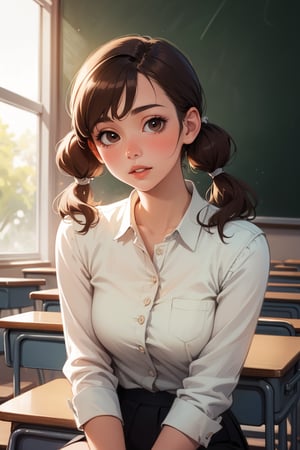 masterpiece,top-quality, Beautiful young woman, solo, classroom, day, sit, brown hair,twintails, collabone, realistic