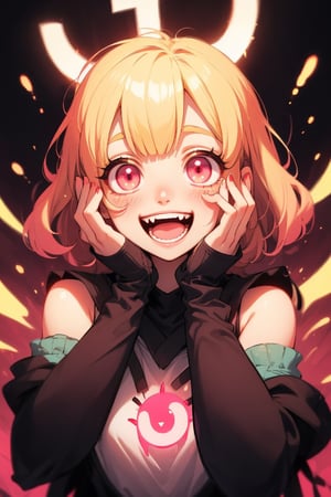 original character , 1girl, (crazy smile:1.2) ,  blonde hair , bangs , crazy eyes , hands on face, open mouth, (wide-eyed:1.2), glowing eyes,  pink eyes,