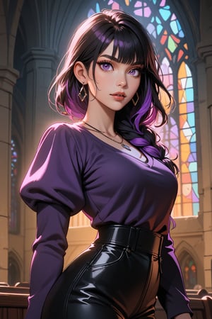 Tru3color46,th3t4styl3, 1girl, solo, long hair, looking at viewer, bangs, shirt, black hair, long sleeves, jewelry, medium breasts, standing, purple eyes, purple hair, braid, multicolored hair, cowboy shot, earrings, parted lips, puffy sleeves, pants, indoors, necklace, nail polish, lips, black pants, juliet sleeves, hair over shoulder, red nails, stained glass, church, high-waist pants, realistic