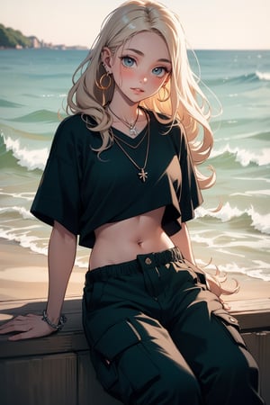 French girl,grey blonde hair(very long hair, curly_hair),hiphop dancer,wearing all black clothes (loose fit top and wide cargo pants),sneakers, sitting at sea bank,horizon,seaside,accessories(necklace,ear_rings),Best Quality, 32k, photorealistic, ultra-detailed, finely detailed, high resolution, perfect dynamic composition, beautiful detailed eyes, sharp-focus, cowboy_shot, 