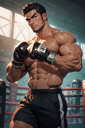 Tru3color46,th3t4styl3, boxing gloves, 1boy, male focus, solo, muscular male, abs, topless male, bara, thick eyebrows, large pectorals, nipples, short hair, black shorts, navel, indoors, mature male, feet out of frame, facial hair, black hair, standing,boxing pose,looking at viewer, sideburns, masterpiece, best quality, very aesthetic, absurdres, realistic