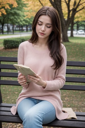 instagram photo,  beautiful face, cinematic shot, dark shot. The image shows a 24 y.o woman sitting on a park bench, engaged in reading. The individual is dressed in casual attire suitable for autumn weather: a pink sweater, blue jeans, and beige boots. Their long hair is tied back with a checkered hair tie, suggesting a relaxed yet stylish aesthetic. The presence of the book indicates a leisurely activity, perhaps enjoying the outdoors while immersing oneself in literature. The background reveals a serene park setting with trees displaying the warm hues of fall. The person's posture and the positioning of their belongings suggest a moment of solitude.