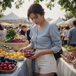 A young woman browsing a local farmer's market in the early morning, dressed in a light blue cotton shirt and white high-waisted shorts. The outfit reflects the clean, sustainable fashion of Everlane. The lighting is soft and diffuse, with the gentle morning sun casting subtle shadows. Colors are fresh and bright, with the light blue and white of her clothes contrasting against the vibrant hues of fresh produce. Using a compact mirrorless camera with a 24mm wide-angle lens, the composition captures the bustling environment and her interaction within this colorful setting
