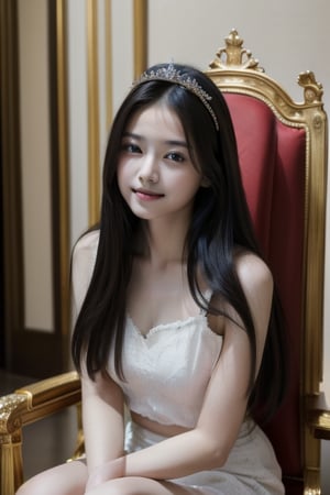 (((masterpiece, ultra resolution, UHD, very detailed, real, realistic, alive))) beautiful young girl, elegant, charming, long black hair, wearing a crown, sitting on the king's throne, inside a luxurious palace, smiling, dignified,