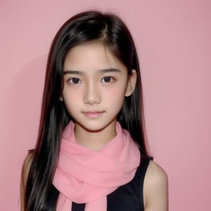 junior high school student, 14 years old, beautiful, sexy, cute, innocent, long black hair, wearing a hair band, black eyes, thin eyebrows, sharp nose, natural wet lips, wearing a scarf, sleeveless t-shirt, real, realistic, pink Background,