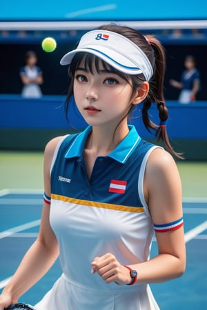 Paris Olympics, (((tennis))), (blue sky), (white, red, blue, tricolor color), visor cap, white dress, short dress, sleeveless, wristband, tennis uniform, (full body), ((playing tennis)), anime style beautiful woman, 1girl, (ponytail), black hair, (long hair), Slender, skinny, (turime), thick eyebrows, vibrant colors, sharp focus, best quality, depth of field, cinematic lighting, (illustration, 8k CG, extremely detailed), ultra-detailed, high resolution, firefliesfireflies, perfect light, stylish pose, 8k, very clear, highest quality, high resolution. best quality, illustration, sax blue, 1girl, cute, (dynamic lighting:1.2), cinematic lighting, delicate facial features, detailed eyes, sharp pupils, realistic pupils, depth of field, bokeh, sharp focus, (hyper-detailed, bloom, glow:1.4), many small gems,girl,