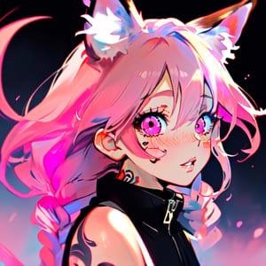 absurdres, (anime style:1.1), (lol:1.2), solo, cute face, 
(round pink eyes:1.3), (beautiful detailed eyes:1.3), long eyelashes, blushed, (fox ear:1.1), pink hair, (pink braided hair:1.2), beautiful lips, tattoo, 