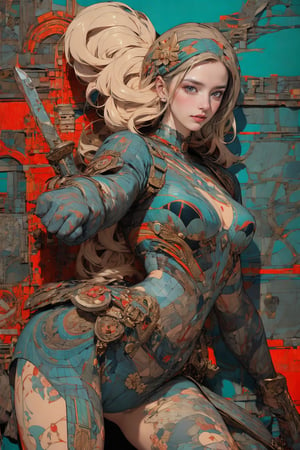 (masterpiece, best quality, hires, high resolution:1.2), (realistic:1.2), (extremely detailed, intricate details, highres, dark, evil, nsfw), 3d, cg, woman, (brutalist style:1.6), heavy steampunk armor, (ninja, samurai, katana), confident, muscular, abs, shiny_skin, light_skin, breasts_out, science fiction, (cinematic lighting, sunlight, volumetric), looking at viewer, eye-level shot, close-up shot, (vivi color background:1.4), vintage fantasy, 1960s \(style\), film grain, (atompunkstylesd15:1.0), (soviet poster:1.4), ruanyi0214, ruanyi0220, holding sword, holding gun, (dynamic pose:1.6), female action poses,Art Deco