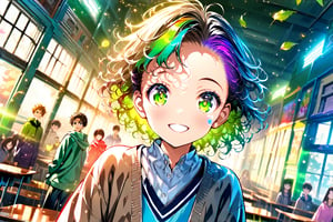 masterpiece, best quality, extremely detailed, (illustration, official art:1.1), Some teens, boys and girls, different races and different hair colors, RevAnimated style, in a colorful classroom. looking to the camera and smiling, beautiful detailed face. sense of depth,dynamic angle,,,, affectionate smile, (true beautiful:1.2),green light, tranquil, no lineart, big windows, leaves are falling, cardigan, luminous glow, mystic atmosphere, depth of field, dynamic angle, light particle effect, light leaks, aerial effect, ,look into viewers, look into viewers,mystic atmosphere, depth of field, dynamic angle, light particle effect, light leaks, aerial effect, look into viewers ,ASU1,light