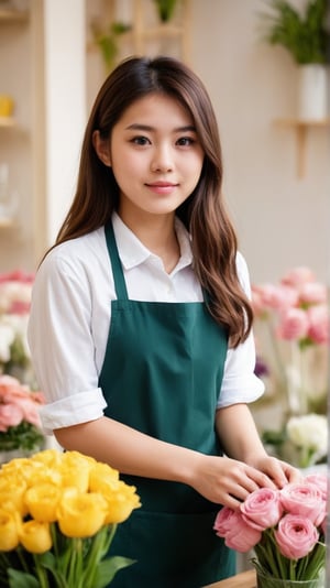 Beautiful Young Japanese Florist: A stunny young 16yo Japanese girl, brown hair, big eyes, wearing a casual apron and shirt, arranging beautiful bouquets in a flower shop.