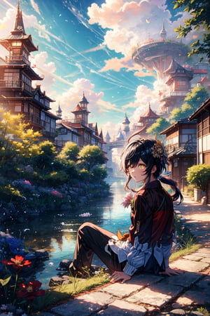 High quality, masterpiece, 1boy, shiny short black hair, brigth turquoise pupils, high school uniform, black tie, white shirt, yellow pants, clouds and flowers, sitting under a tree and overlooking a lake,Illustration,ayaka_genshin,klee (genshin impact),wrenchmicroarch,seek,tshee00d,Futuristic room,ghostrider,dragonyear