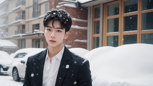 1boy. A dedicated handsome 25yo slim fit korean teacher standing outside a apartment on a snowy day, with a bouquet in hand. snowing heavily. snow-covered hair and white coat. close-up upper body shot

