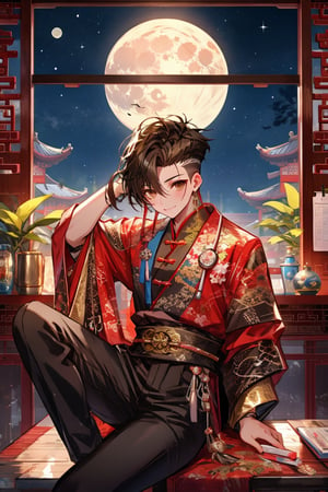 High quality, masterpiece, 1boy, sole_male, shiny black hair on the top of the head and shaved on the sides, dazzling brown eyes, fantasy chinese doctor clothes, sitting in the office with the moon lighting the place at its ease