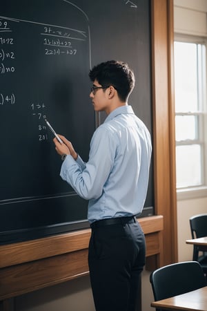 A dedicated handsome teacher in a classroom, writing equations on the chalkboard while students attentively listen.